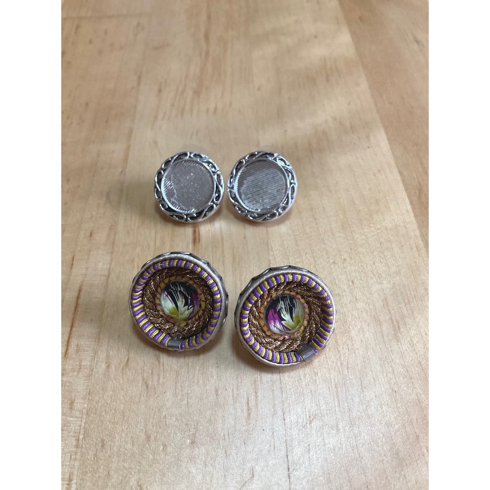 Bohemian Woven Floral Stud Earrings Purple Gold Silver Tone Round Post Backs